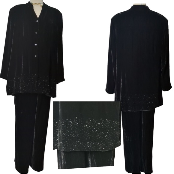 WINDS MOOR Gorgeous Beaded Black Terciopelo Two Pieces Pants and Jacket Size 16 - Picture 1 of 16